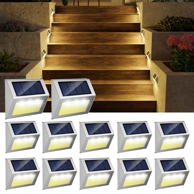 JSOT 12 Pack Solar Lights Outdoor Waterproof for Stairs - Solar Deck Lights Stainless Steel Step Fence Patio Post Wall Lamp for Garden Pathway Walkway LED Decor Light(Warm Light) - Image 1